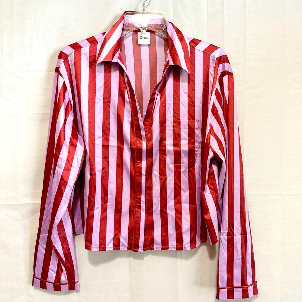 Cerie August Long Sleeve Button Down Satin Sleep Shirt in Purple/Red Stripes